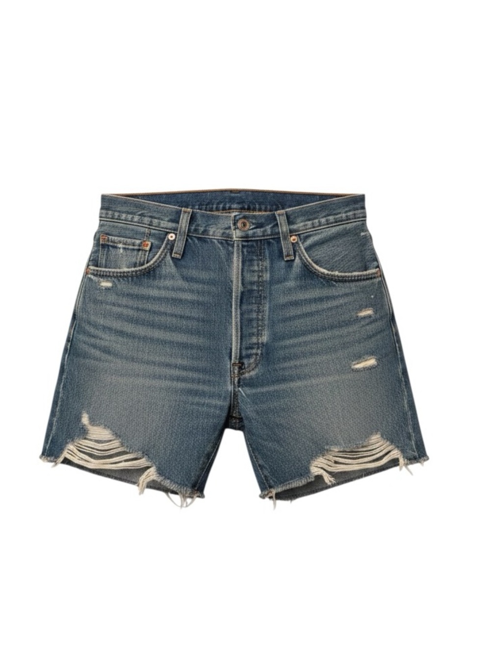 Levi's 501 Mid Thigh Button Fly Faded Blue Distressed Denim Shorts size 28